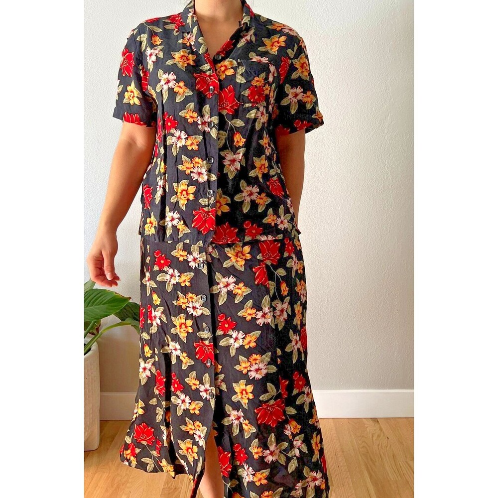 vtg 90s‎ Sag harbor rayon skirt top set 2 piece floral retro boho large petite - Picture 4 of 6